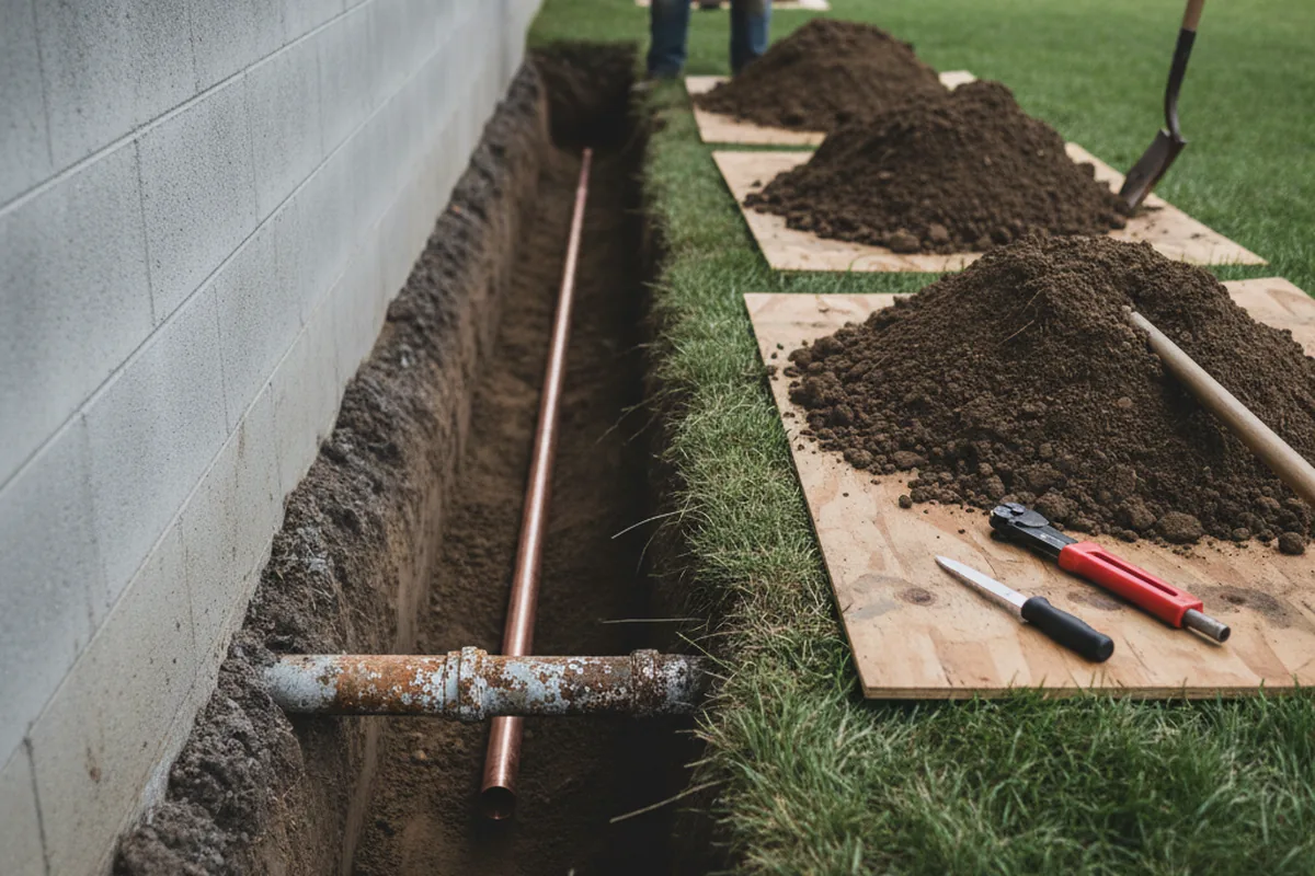 Excavated water line trench during Sewer Line Repair in Portsmouth